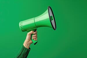 Hand holding a green megaphone against a green background photo