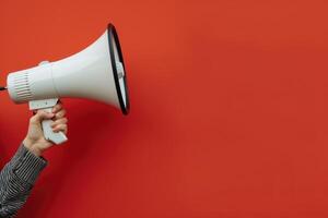 Hand holding a megaphone against a red background photo