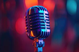 Retro microphone in vibrant neon lights setting the stage for a captivating performance photo