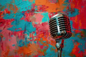 Vintage microphone against a colorful abstract painting backdrop photo