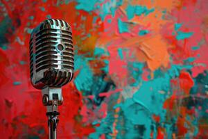 Vintage microphone against a colorful abstract painting background photo