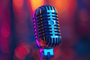 Microphone on stage with colorful blurred lights in the background photo