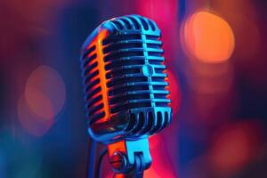 Retro microphone with colorful blurred background photo