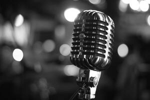 Vintage microphone on stage with blurred background lights photo