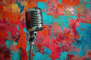 Vintage microphone against a colorful painted backdrop photo