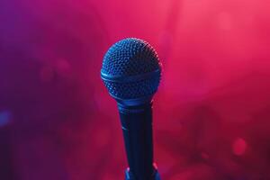 Close up of a microphone on stage with colorful blurred background lights photo