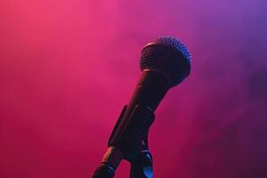 Microphone on stage with vibrant red and blue lighting photo