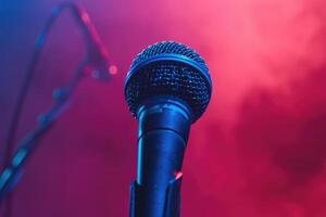 Close up of a microphone on stage with a colorful background photo