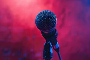 Close up of a microphone on stage with red and blue lighting photo