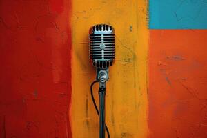 Vintage Microphone on Colorful Painted Wall photo