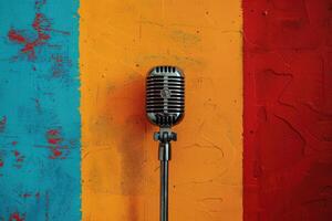 Vintage microphone against colorful painted background photo