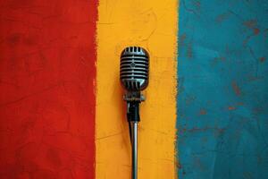 Vintage microphone on colorful background photo