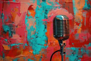 Vintage microphone against a colorful painted canvas backdrop photo