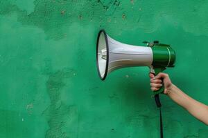 Hand holding a megaphone against a green background photo