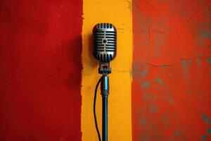 Vintage microphone against a colorful wall photo