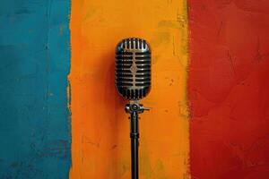 Retro microphone against colorful painted background photo