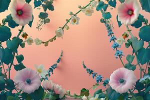 Floral Frame with Pink and White Flowers on Peach Background photo
