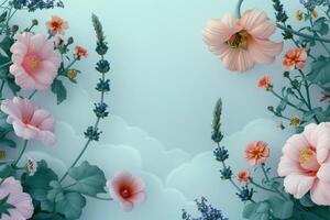 Delicate Pink Flowers with Green Leaves on a Blue Background photo