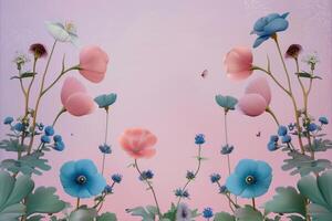 A Pink and Blue Floral Arrangement Against a Pastel Pink Background photo