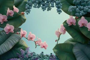 Pink Orchids and Green Leaves Framing a Teal Background photo