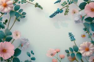 Pastel Flowers and Green Leaves Frame a Light Blue Background photo
