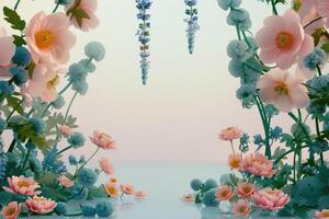 Pink and Blue Floral Arrangement with Water Reflection photo