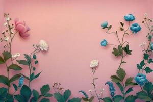 Pink and Blue Flowers on a Pastel Pink Background photo
