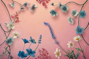 A Delicate Arrangement of Blue, White, and Pink Flowers on a Pale Pink Background photo