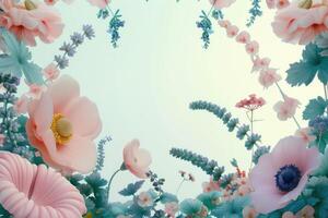Delicate Pink Flowers and Green Foliage in a Soft, Light Background photo