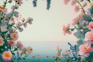 Delicate Pink Flowers and Green Leaves Frame a Soft Background photo