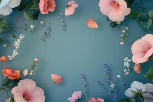 Pastel Flowers and Greenery on a Teal Background photo