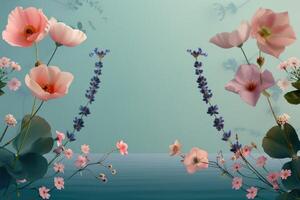 Delicate Pink Flowers and Lavender Sprays Against a Teal Background photo