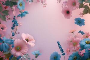 Pink and Blue Flowers with Green Leaves on a Pink Background photo