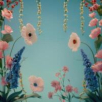 Pastel Pink and Blue Flowers with Green Foliage Against a Turquoise Background photo