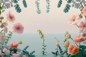 Delicate Pink and Blue Flowers on a Light Background photo