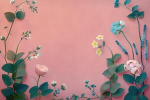 Floral Arrangement with Pink and Blue Flowers on a Pink Background photo