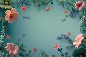 Floral Frame with Pink and Blue Flowers on a Turquoise Background photo