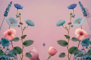 Blue and Pink Flowers with Green Leaves on Pink Background photo