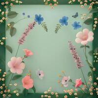 Floral Border with a Butterfly on a Light Green Background photo