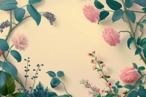 Pastel Pink Roses and Green Foliage on a Pale Yellow Background photo