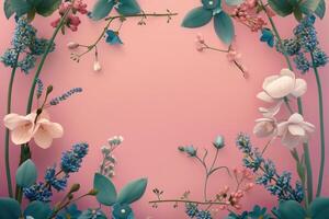 Floral Frame with Pink and Blue Flowers on Pink Background photo