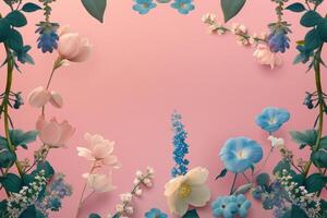 Pink and Blue Floral Arrangement on a Pink Background photo