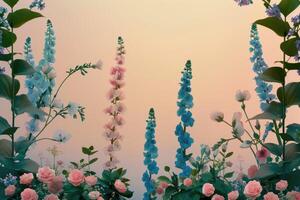 A Bouquet of Blue, Pink, and White Flowers with Green Foliage Against a Peach Background photo