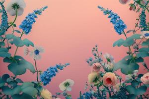 Floral Border with Blue Flowers and Green Leaves on a Pink Background photo