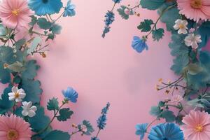 Pink and Blue Flowers with Green Leaves on a Pink Background photo