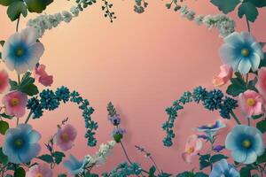 Blue and Pink Flowers with Green Leaves on a Peach Background photo