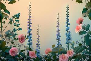 Pink and Blue Flowers Blooming in a Garden photo