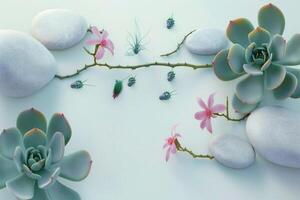 Smooth Stones, Succulents, and Pink Flowers on a Light Blue Background photo