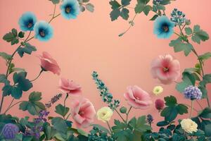 Pink and Blue Flowers with Green Leaves on a Peach Background photo