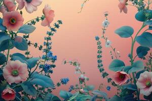 Pink and White Flowers with Blue Accents on a Peach Background photo